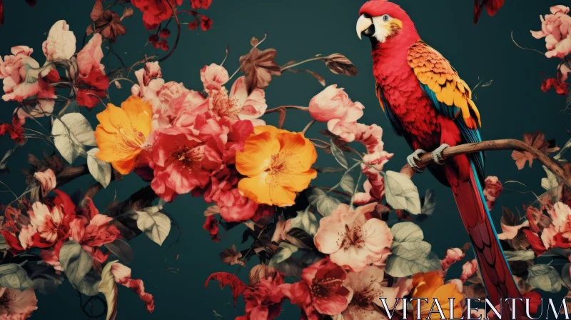 Colorful Parrot and Floral Pattern Wallpaper - Chiaroscuro Style AI Image