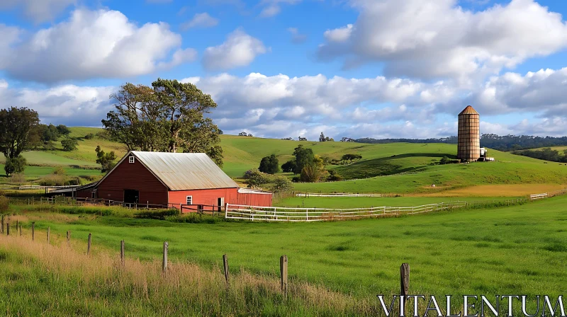 Idyllic Countryside Scene with Red Barn AI Image