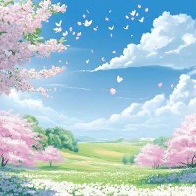 Spring Meadow with Cherry Blossoms