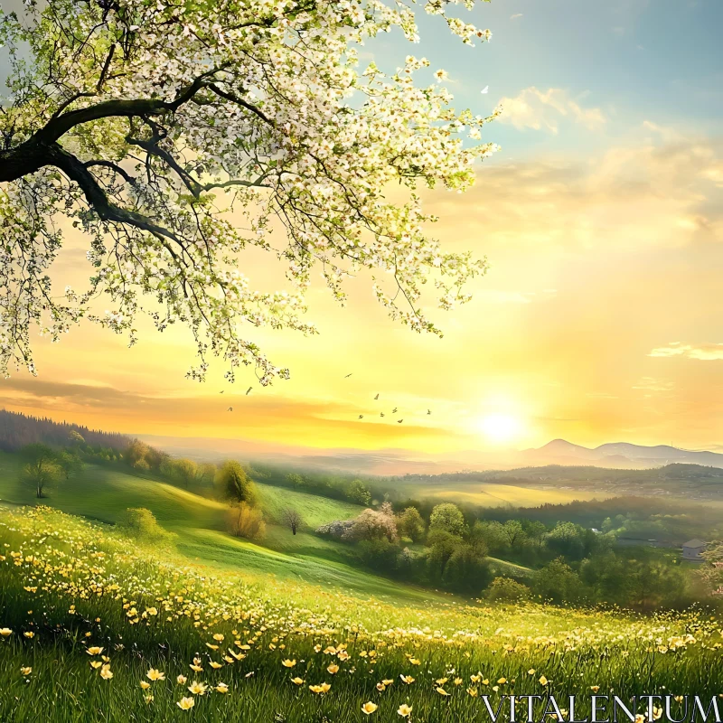 Blooming Meadow at Sunset AI Image