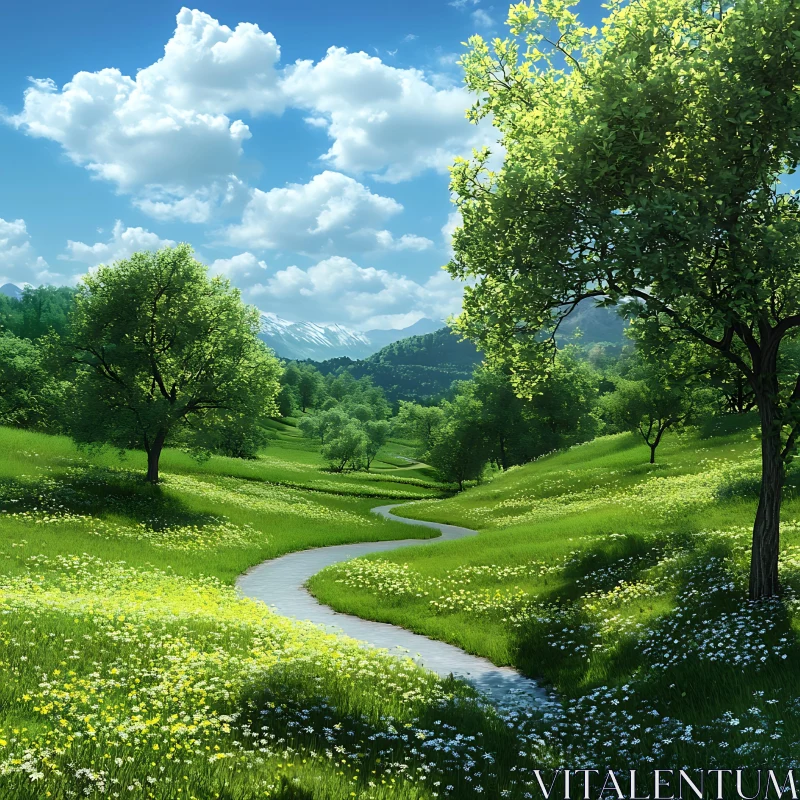 AI ART Lush Meadow with Winding Pathway