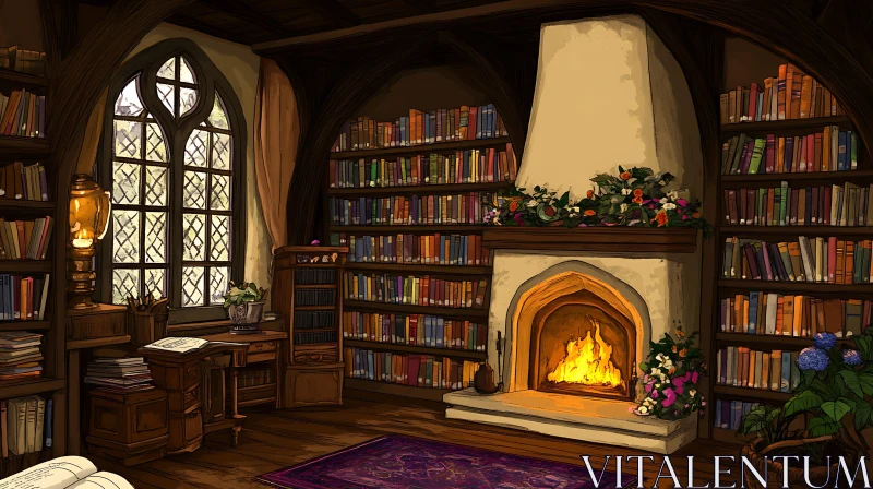 AI ART Cozy Library Room with Warm Fireplace