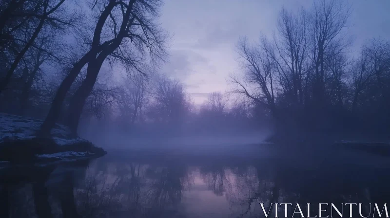 Twilight Mist over Serene Lake with Reflective Bare Trees AI Image