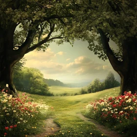 Serene Meadow Landscape with Flowers and Trees