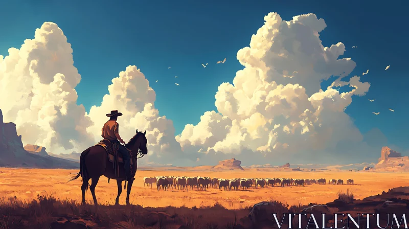 AI ART Western Cowboy Landscape with Herd