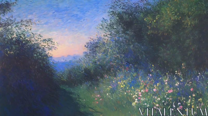 Idyllic Wildflower Field at Dusk Painting AI Image