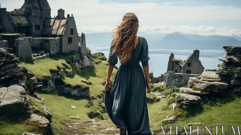 Enchanting Norwegian Nature: A Woman's Journey to a Romantic Ruin AI Image
