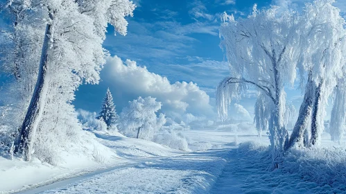 Winter Wonderland: Snow and Frost Adorned Trees and Path