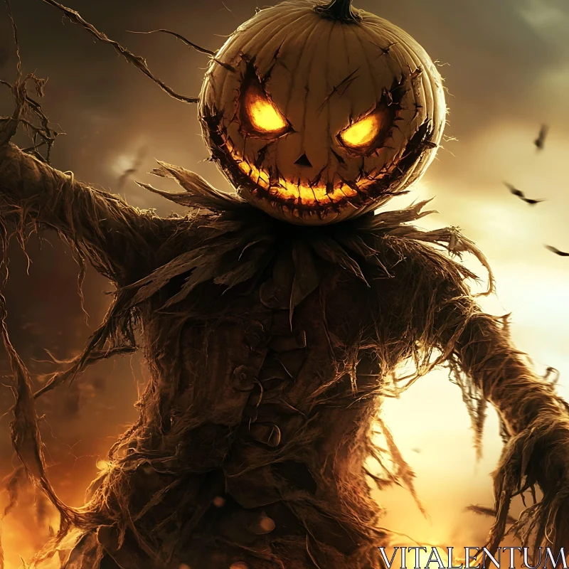 Spooky Scarecrow with Glowing Pumpkin Head AI Image