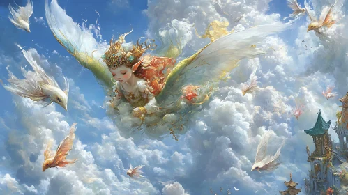 Serene Angel in Sky With Bird Companions