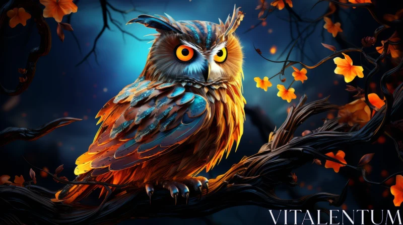 Intricate Owl Wallpaper in Blue and Amber Tones AI Image