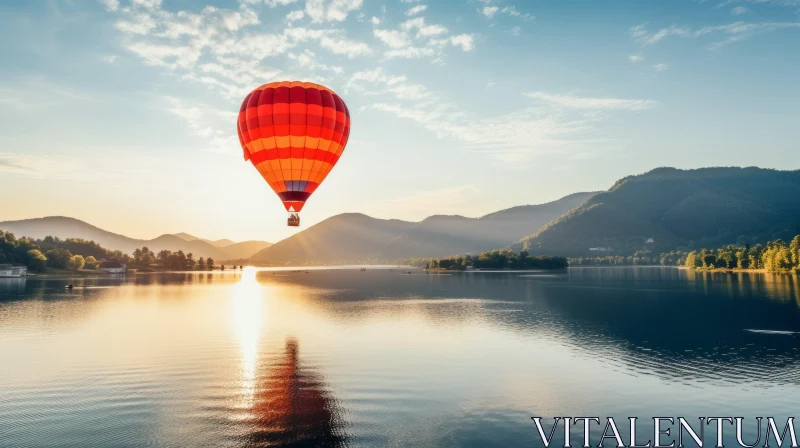 Romantic Hot Air Balloon Flight Over Lake with Mountain Vistas AI Image