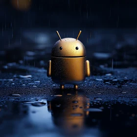 Shiny Gold Robot Amidst Rainy Reflection