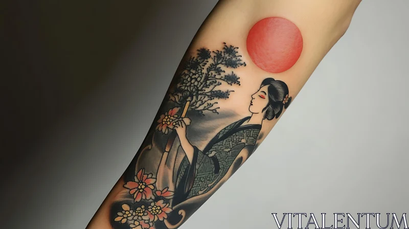 Geisha with Flowers Tattoo Design AI Image