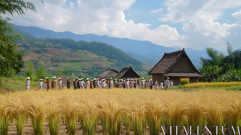 Golden Rice Field, Mountains, People AI Image