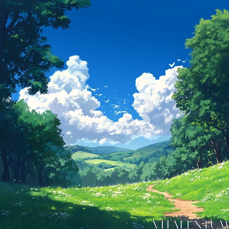 AI ART Lush Green Landscape with Blue Sky