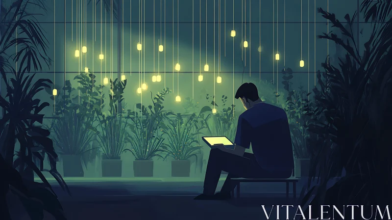 Indoor Garden with Person and Glowing Lights AI Image