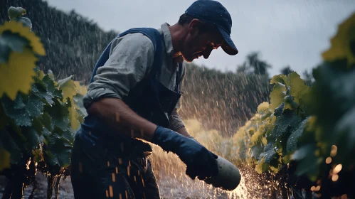 Working Man in Vineyard During Rain