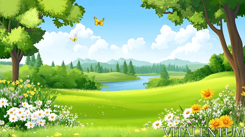 AI ART Scenic Green Field with Flowers and Butterflies