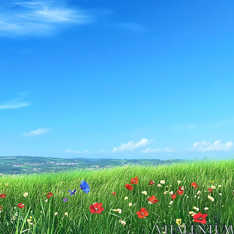 AI ART Idyllic Meadow with Poppies and Butterfly