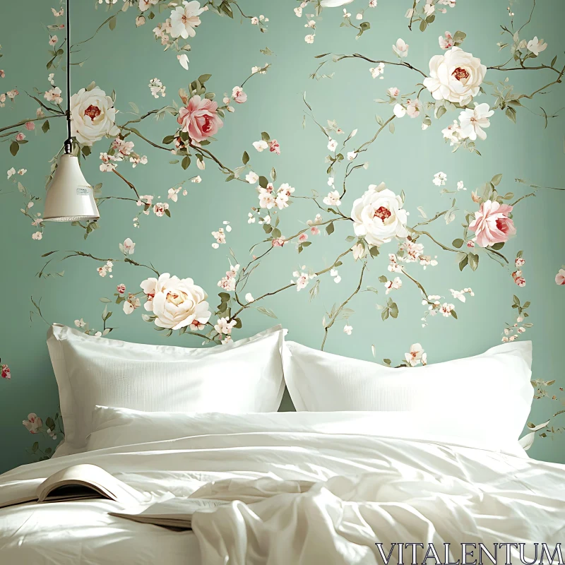 AI ART Bed with Floral Wallpaper