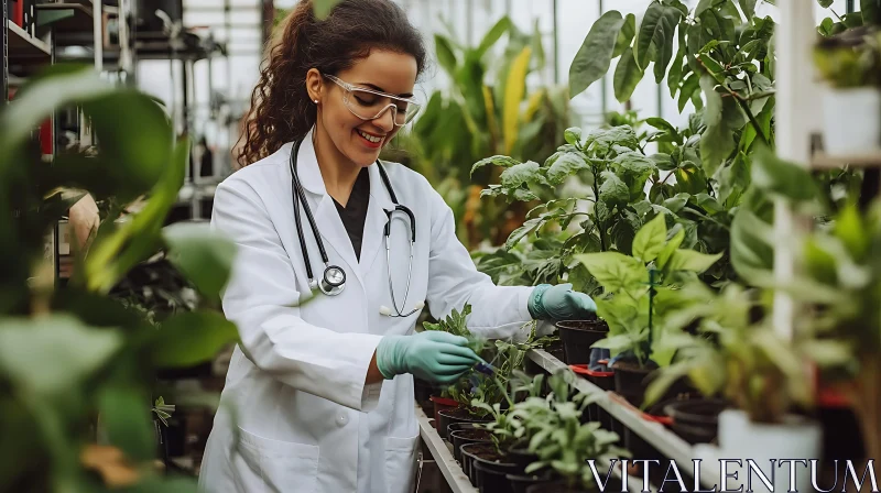 Woman botanist examines plants in lab AI Image