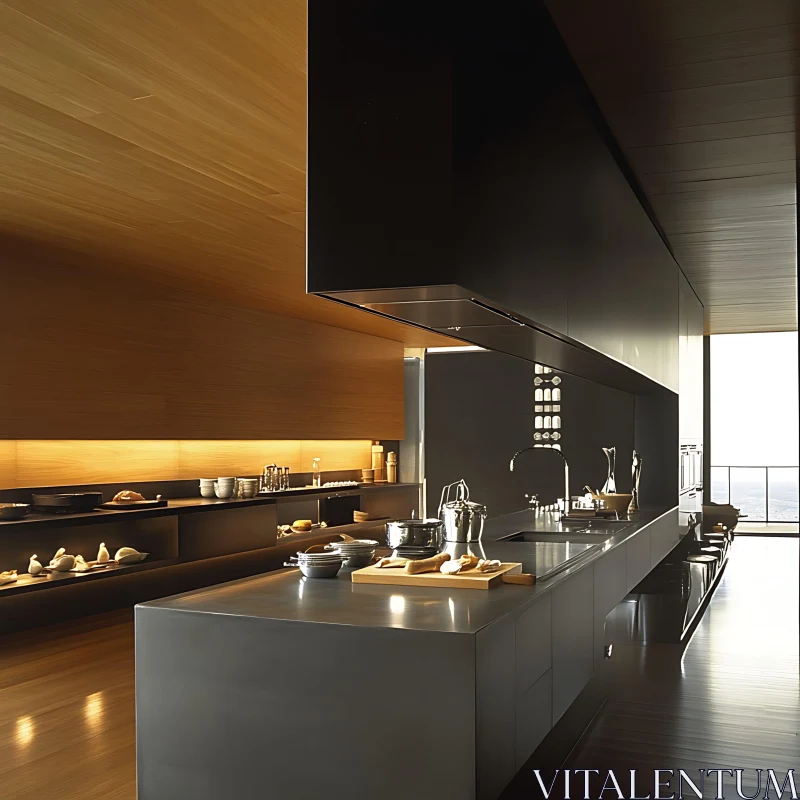 AI ART Sleek Gray and Wood Kitchen Interior