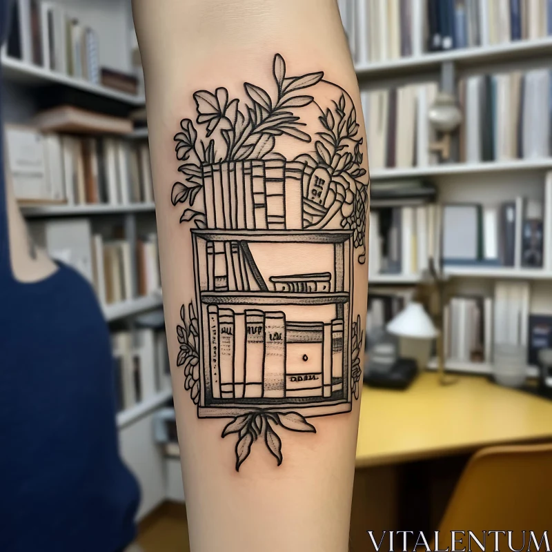 Ink Illustration of Books and Plants Tattoo AI Image