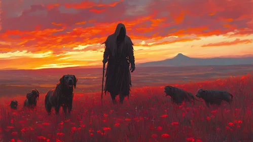 Cloaked Figure with Dogs at Sunset