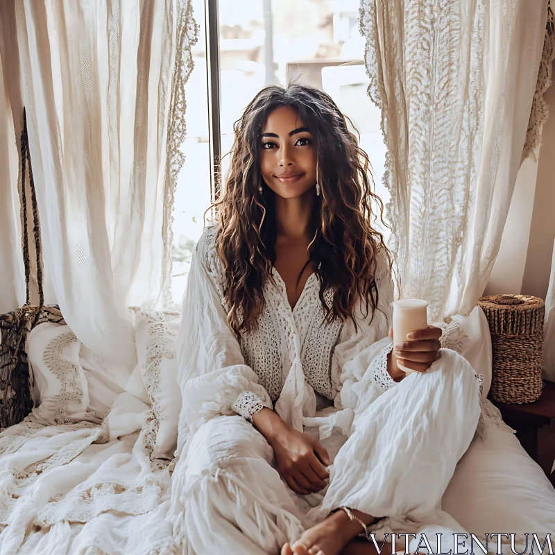 Woman in White Holding Drink AI Image