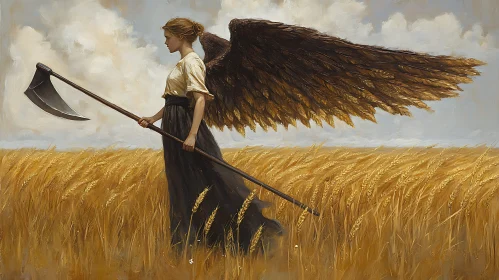 Woman with Wings in Golden Field