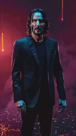 Portrait of Keanu Reeves in Neon Lights