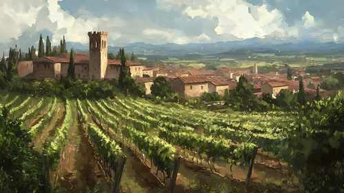 Scenic Vineyard and Village Art Print