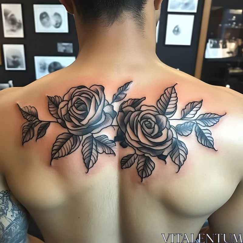 Detailed Black and Gray Rose Tattoo on Upper Back AI Image