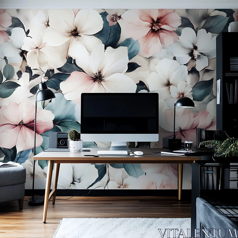 Floral Wallpaper Office Setup AI Image