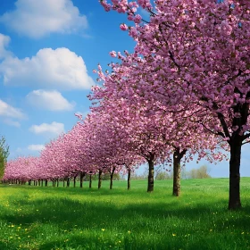 Blooming Cherry Trees on Green Meadow