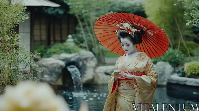 Japanese Geisha in Garden with Umbrella AI Image