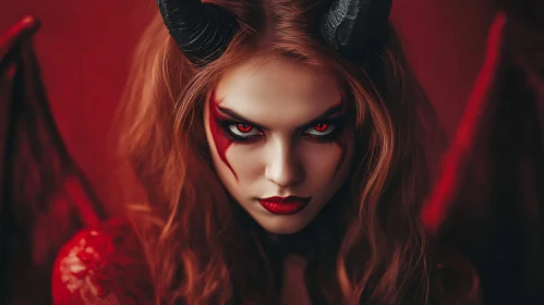 Devil Woman Portrait with Horns and Red Eyes