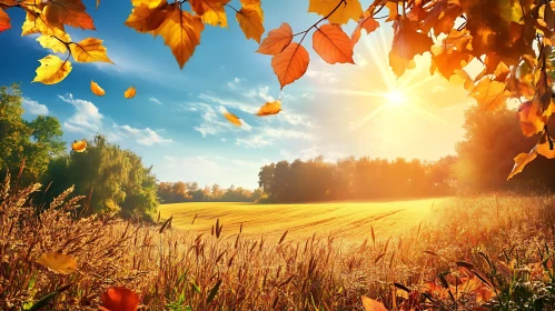 Autumnal Field with Falling Leaves