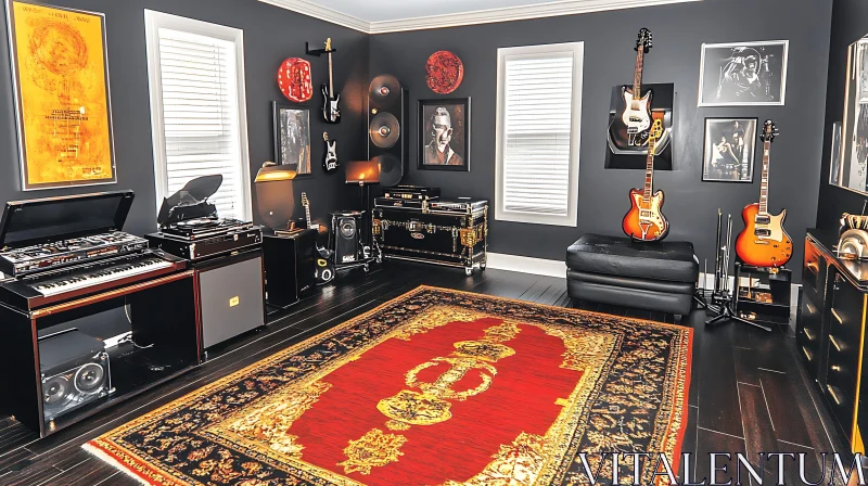 AI ART Cozy Music Room with Red Carpet