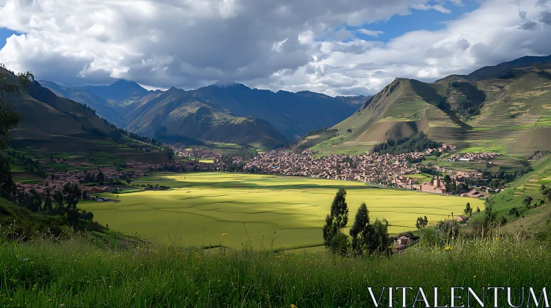 Verdant Valley and Mountain Village Vista AI Image