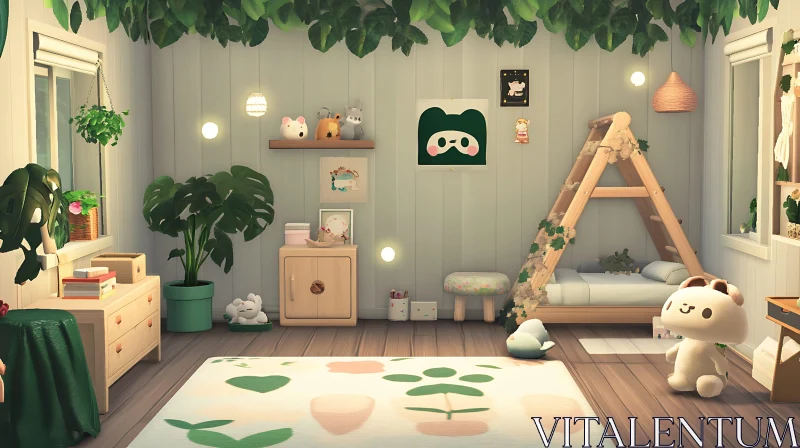 Cozy Interior with Greenery and Soft Plush AI Image