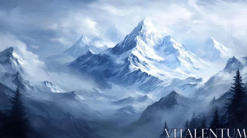 AI ART Snow-Covered Peaks in a Misty Landscape