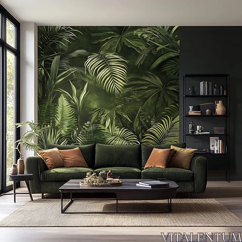 Lush Interior with Green Sofa and Plants AI Image