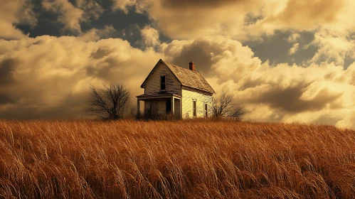 Rural House Landscape with Golden Field