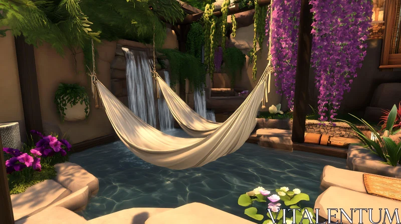 Hammock Relaxation by the Waterfall AI Image