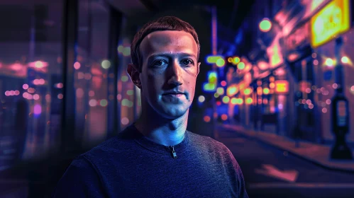 Mark Zuckerberg at Night in a Neon-Lit City