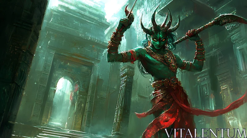 AI ART Green Demon Warrior with Horns