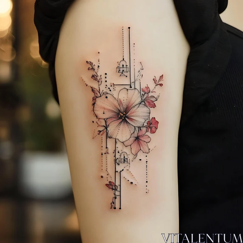 Delicate Floral Tattoo with Modern Geometric Elements AI Image