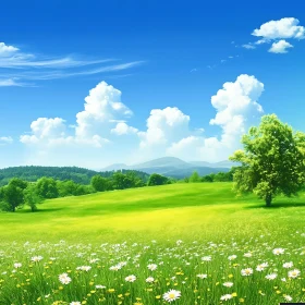 Lush Green Meadow with Flowers and Sky